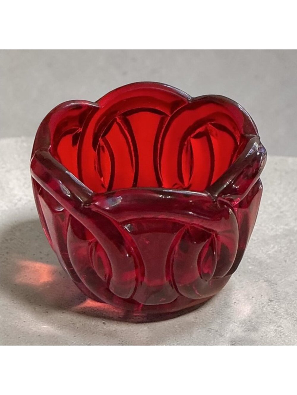 Vintage Pressed Glass Votive With Wedding Ring Pattern In Deep Red 1.75" H x 2"